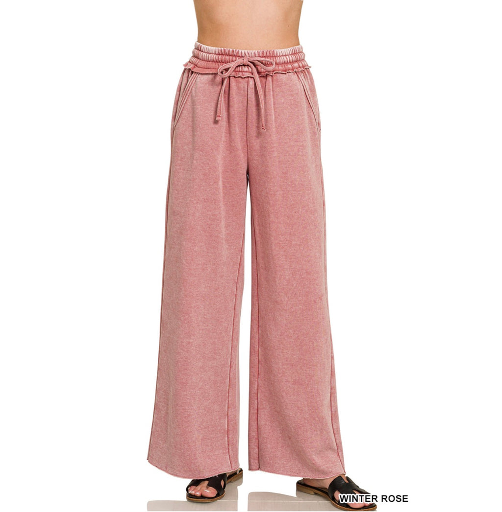 Acid Wash Fleece Palazzo Sweatpants with Pockets