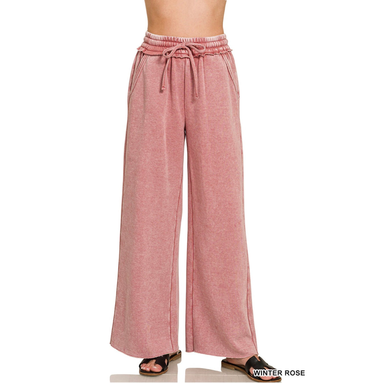 Acid Wash Fleece Palazzo Sweatpants with Pockets