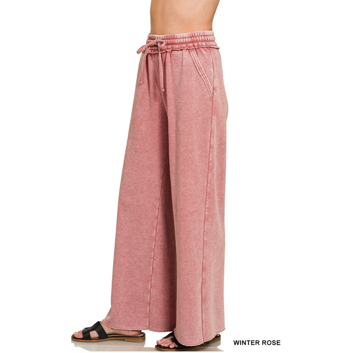 Acid Wash Fleece Palazzo Sweatpants with Pockets