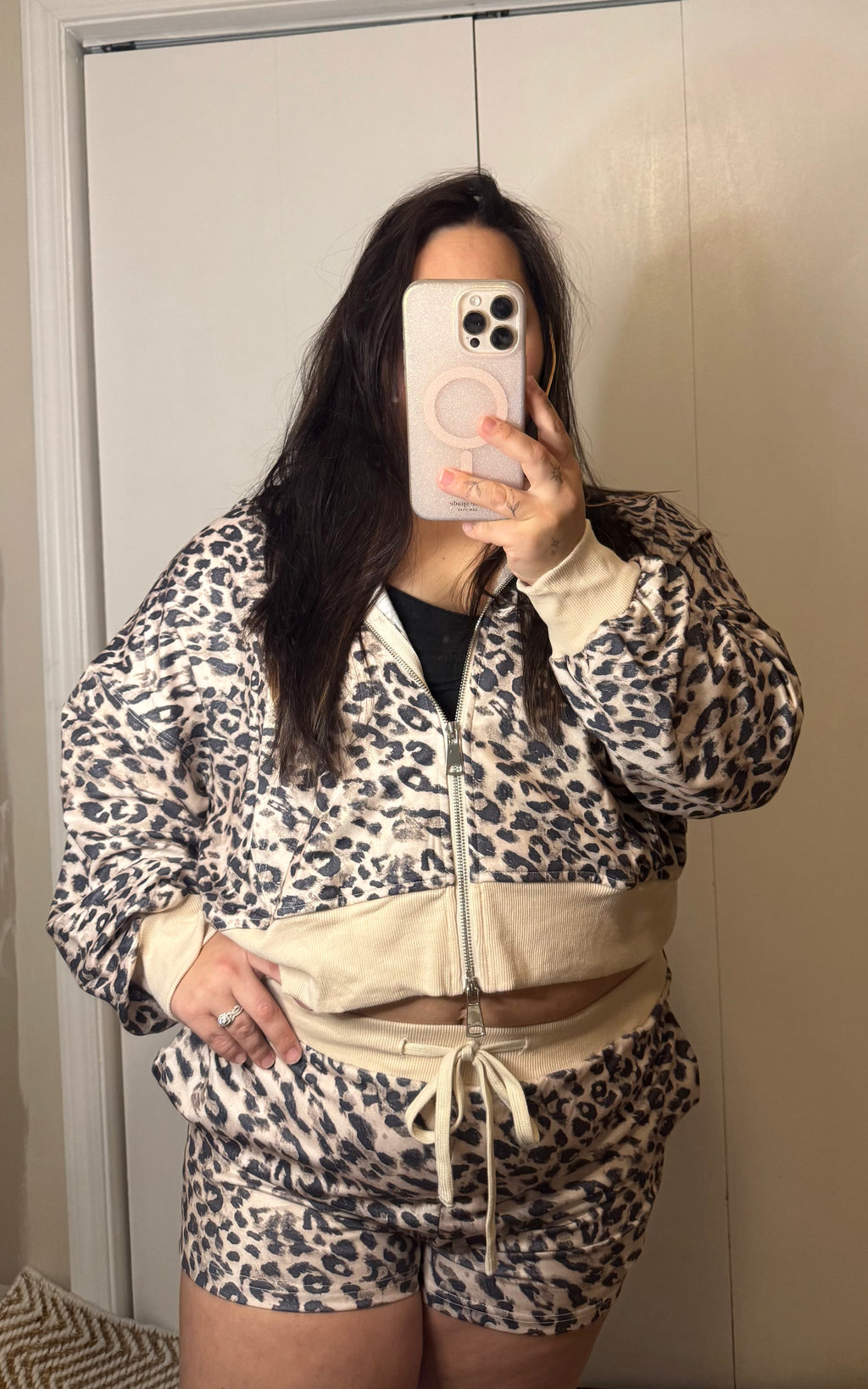 Leopard Print Zip-Up Hoodie & Shorts Set