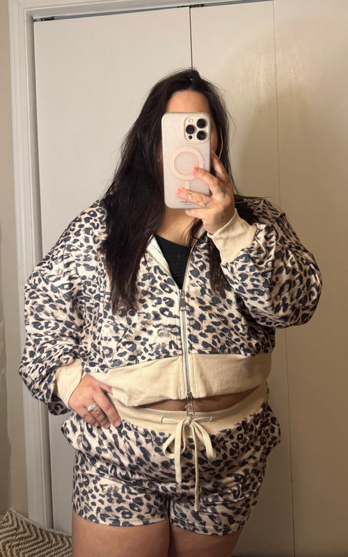 Leopard Print Zip-Up Hoodie & Shorts Set